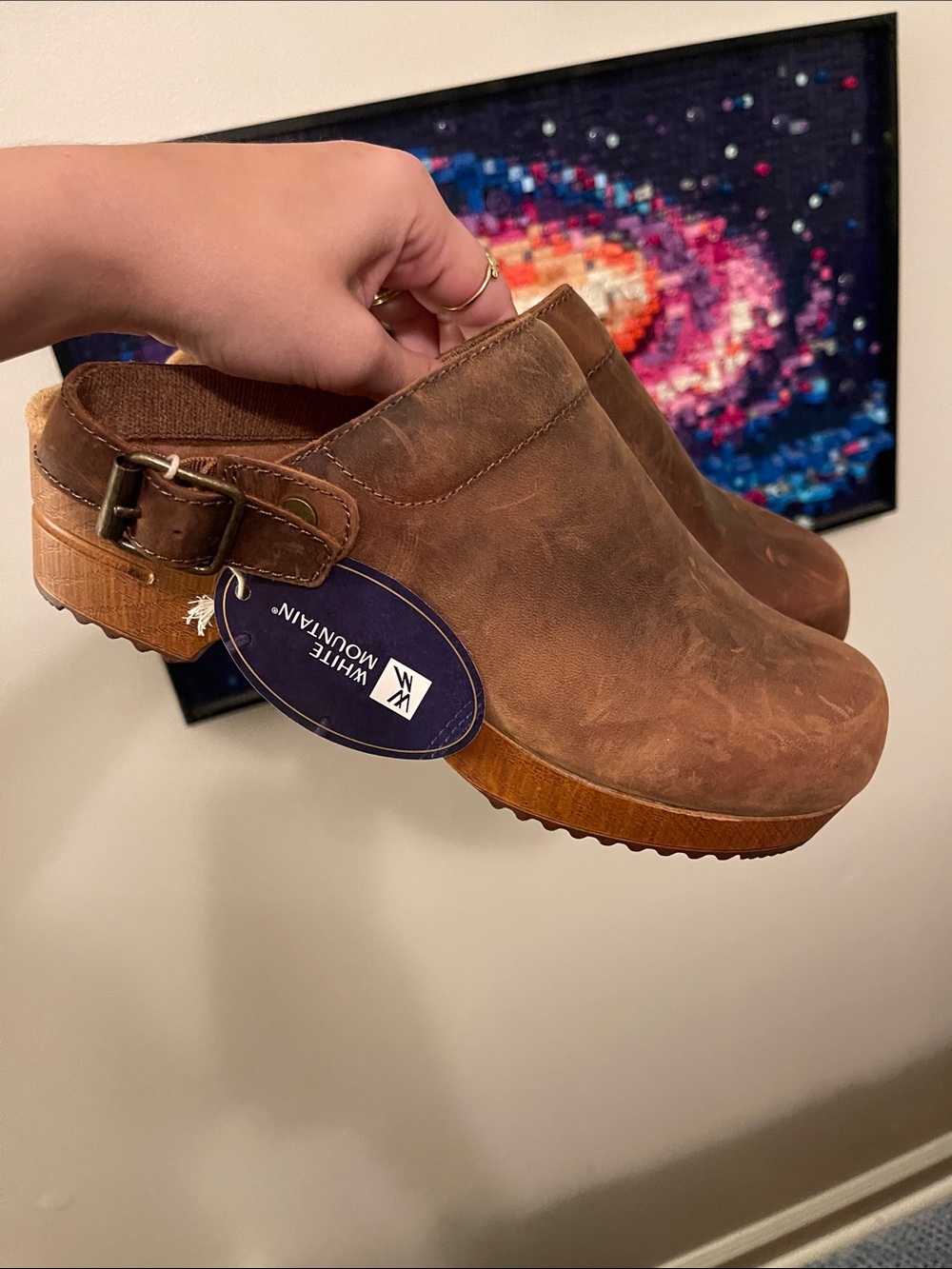 White Mountain Brown Leather Slip-On Clogs with Adjustable Heel Strap